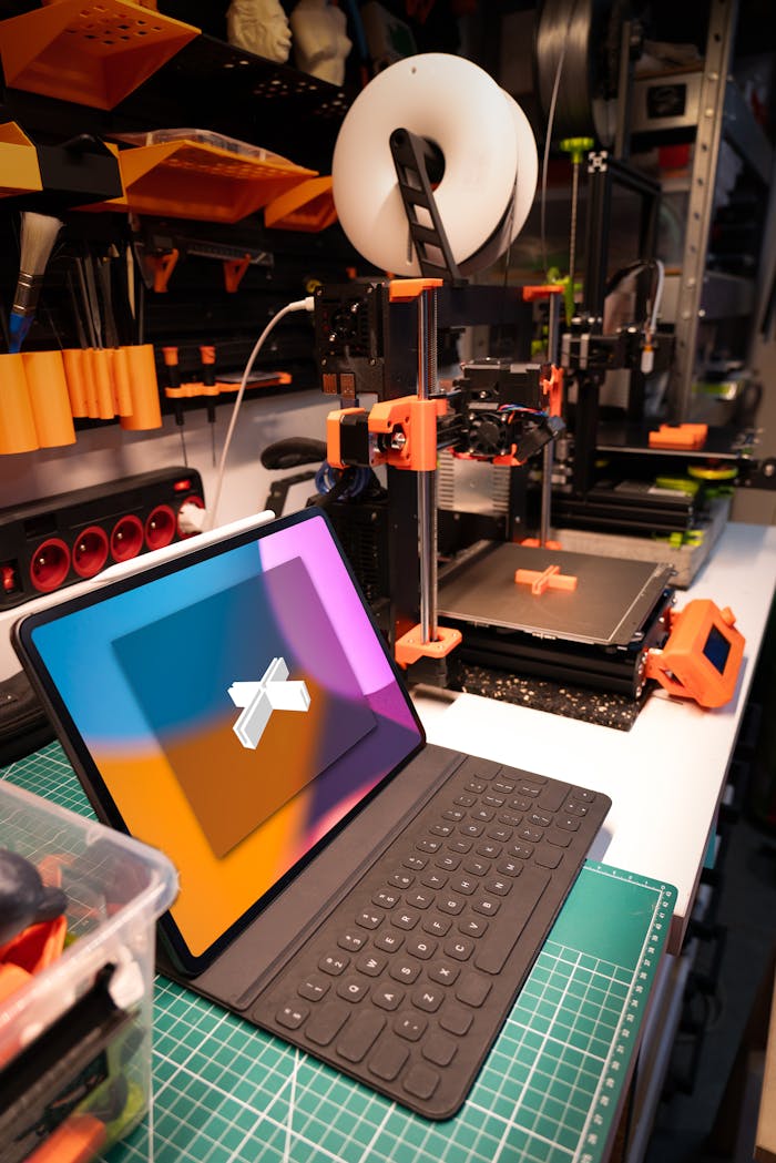 The Art of Drawing Readers In: Your attractive post title goes here A modern workspace featuring a 3D printer and tablet for creative technology projects.
