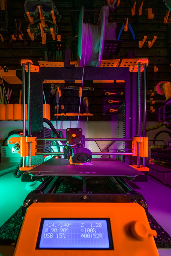 About Close-up of a neon-lit 3D printer in a workshop, showcasing vibrant colors and design.