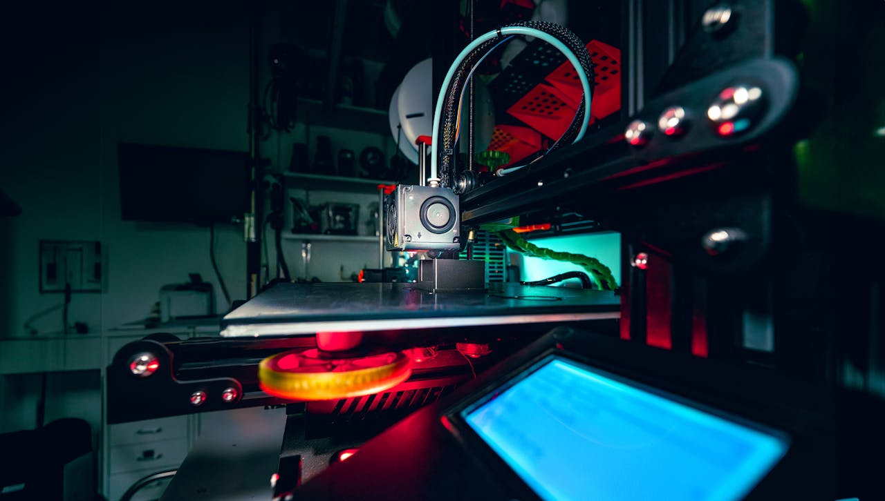 Mastering the First Impression: Your intriguing post title goes here Detailed view of a 3D printer operating in a dimly lit workshop.