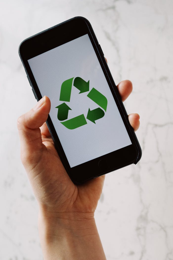 Services Hand holding smartphone displaying green recycling symbol on white screen, promoting sustainability.